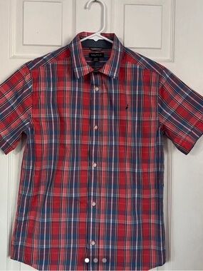 Nautica Red & Blue Plaid Short Sleeve Button-Down Shirt